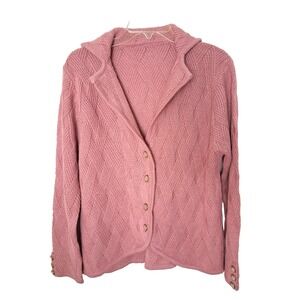 Cable Knit Button Up Cardigan Womens Large Pearl Buttons Mauve Pink Color Collar